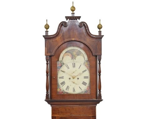 Early 19th century inlaid mahogany-cased 8-day painted dial longcase clock, anonymous, circa 1830, the 14-inch break-arched R