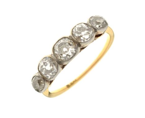 Early 20th century diamond 18ct yellow gold and white metal set five stone ring, five graduated round old cut diamonds, rubov
