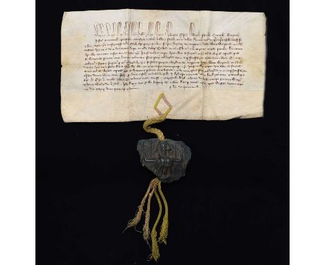 Medieval manuscript charter with wax Royal Seal, from the reign of Edward III (1312-1377) dated 1323, written in Latin on vel