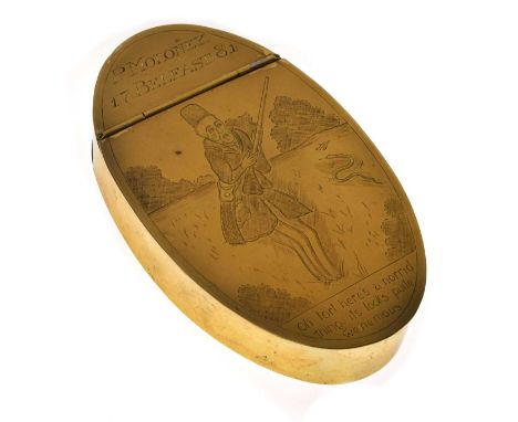 Northern Ireland Interest - Unusual large brass combination tobacco and snuff box, the hinged oval cover engraved "P MOLONEY 