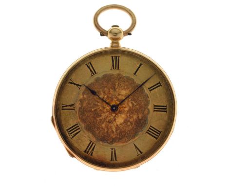Early 20th century yellow metal stamped 'K18' cased open-face pocket watch, the gilt chapter ring Roman dial enclosing engrav