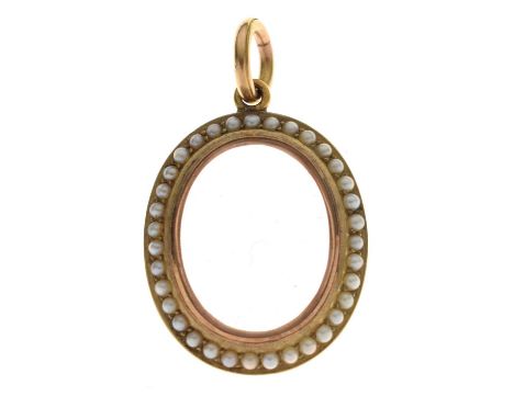 Late 19th century seed pearl 15ct yellow gold locket pendant, hinged glazed panel to the front and verso, seed pearl surround