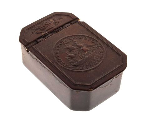 George III pressed horn snuff box of canted oblong form, the hinged cover with a medallion of a sailing ship, captioned ' A T