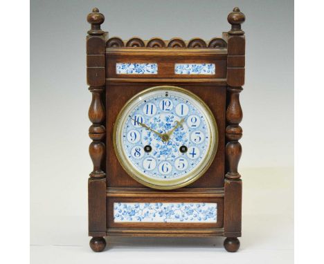Late Victorian Aesthetic influence oak cased mantle clock, Miller &amp; Sons, the blue painted cellular Arabic dial with flor