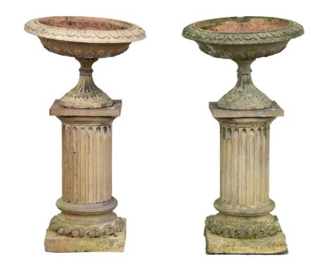 Doulton &amp; Co., Lambeth - Pair of Victorian stoneware planters and pedestals, each planter of compressed circular urn form