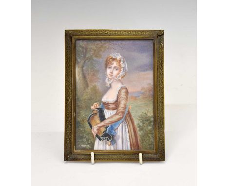 R. Aubry - 19th century portrait miniature on ivory of a female musician holding a hurdy gurdy, signed lower left, inscribed 