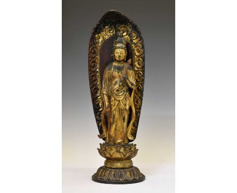 19th century Japanese parcel gilt figure of a bodhisattva, probably Seishi Bosatsu, modelled standing atop a lotus dais with 