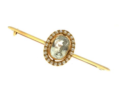 Edwardian pale green stone and seed pearl yellow metal cluster bar brooch, the pale green oval mixed cut stone possibly sapph