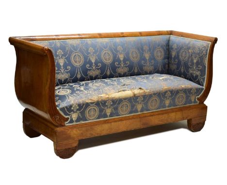 19th century Biedermeier ash-veneered settee or sofa, of 'bateau' form with reeded S-scroll arms framing padde back, seat and