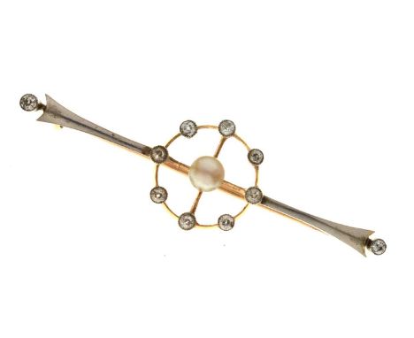 Edwardian pearl and diamond yellow and white metal set bar brooch, the cream pearl diameter approx. 5.3mm, eight old cut diam
