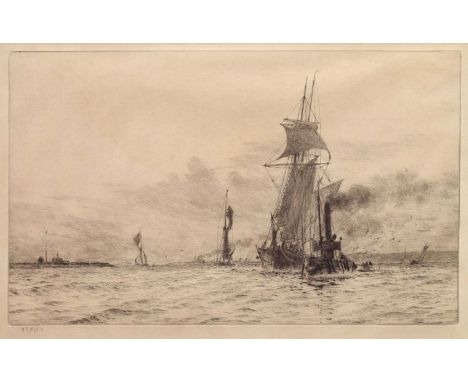 William Lionel Wyllie RA RWS (1851-1931) - Signed etching - 'Slipping the tow-rope', signed lower left, 23.5cm x 37cm, framed