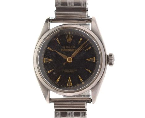 Rolex - Gentleman's Oyster Perpetual chronometer stainless steel bracelet watch, ref.6084, 1953, the black dial with gilt bat