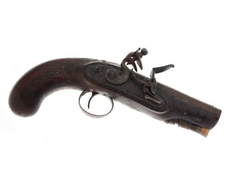 25 bore flintlock travelling pistol by J. Bagshaw, 4" sighted barrel engraved 'Greenwich', engraved tang and bolted lock, ful