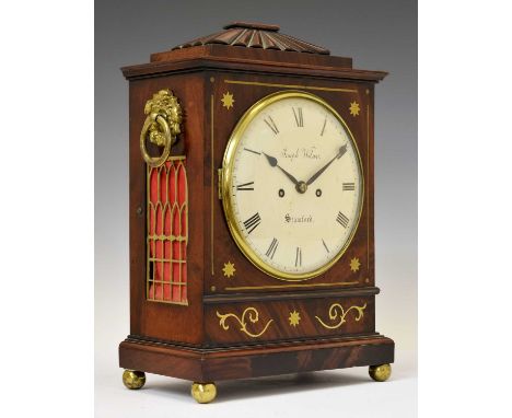 George IV brass inlaid mahogany-cased twin fusee bracket clock, Joseph Wilson, Stamford, with signed 8-inch convex Roman dial