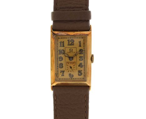 Omega - Gentleman's Art Deco 14k cased wristwatch, the gilt rectangular dial Arabic hour markers, seconds subsidiary and lumi