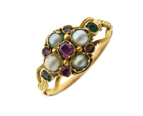 19th century ruby, emerald and pearl yellow metal flower head ring, four split pearls in quatre foil formation, cushion cut r
