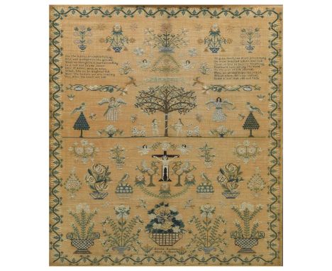 George IV pictorial needlework sampler, dated 1825, worked in petit-point with Adam and Eve with the Tree of Life over Jesus 