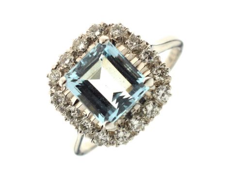Aquamarine and diamond 18ct white gold cluster ring, the square step cut aquamarine measuring approx 9.2mm x 8.4mm x 6.1mm, w