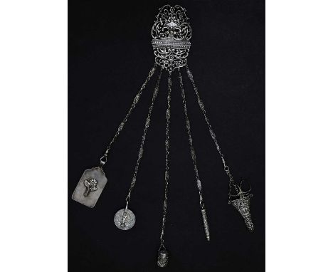 Victorian silver chatelaine with pierced clasical decoration, sponsor's marks of William Francis Garrud, London 1889, having 