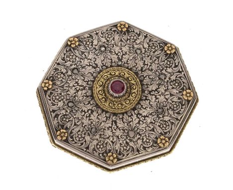 White-metal parcel gilt compact of octagonal form with engraved foliate decoration, the hinged cover inset with eight diamond