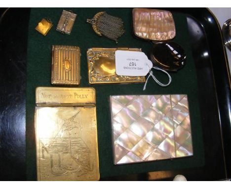 An antique engraved brass snuff box inscribed 'not so fast polly', mother of pearl card case together with other cases and bo
