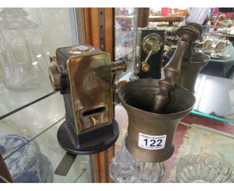 Vintage pencil sharpener & brass pestle & mortar