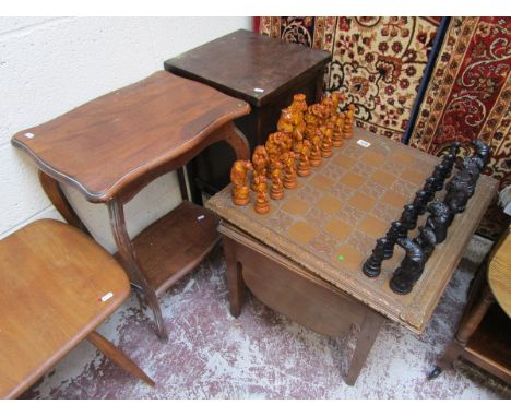Occasional table, pot cupboard & chess set with converted commode for chess piece storage