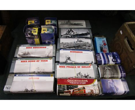 Collection of scale models to include Atlas Editions diecast cars & model battle ships by Deagostini & retro pocket radio