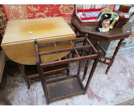 Oak drop leaf serving trolley, stick stand & octagonal occasional table