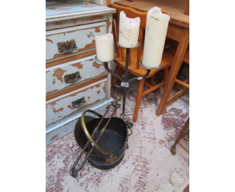 Coal scuttle & 3 branch cast candle stick