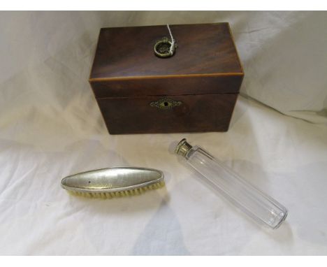 Tea caddy, perfume flask and brush