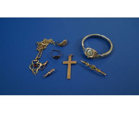 A vintage 9ct gold ladies wristwatch, on plated expanding bracelet; together with a 15ct gold peridot brooch; and other jewel