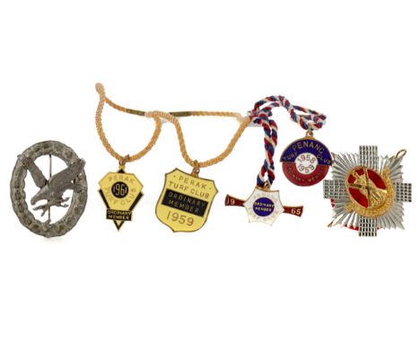 ROYAL SCOTS CAP BADGE, along with a collection of Penang Turf Club giltmetal and enamel badges, and other badges