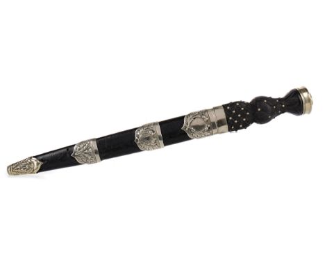 EARLY 20TH CENTURY SCOTTISH DIRK, the steel blade by Wilkinson Sword Co. of London, studded basket weave handle with crown em