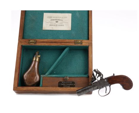 19TH CENTURY POCKET FLINTLOCK PISTOL, by Wilkison of Edinburgh, the mechanism in working order, with later powder flask, flin