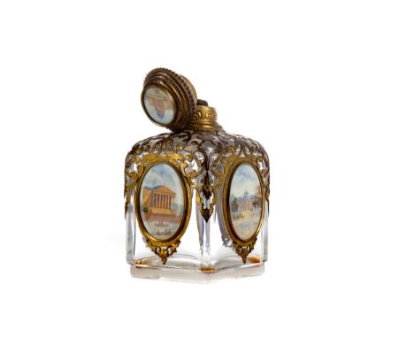 MID 19TH CENTURY GLASS AND GILT METAL SCENT BOTTLE, with hinged cover inset handpainted architectural scene, the square form 