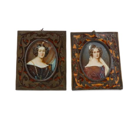 TWO VICTORIAN PORTRAIT MINIATURES, one signed Benteaux, both depicting ladies, painted on ivory, in a brass inlaid simulated 