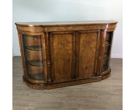 VICTORIAN INLAID BURR WALNUT CREDENZA, with marquetry frieze over a central cupboard enclosed by two panel doors with outset 