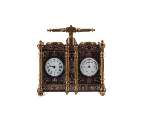 BRASS AND CHAMPLEVE ENAMEL DESK CLOCK/BAROMETER COMPENDIUM, the white enamel dials with Roman and Arabic numerals, the pillar