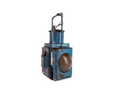 EARLY 20TH CENTURY RAILWAY ENGINES LAMP, painted red and blue, with dual convex lenses, swing handle, both hinged doors fitte