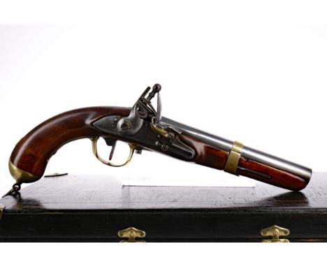 LATE 18TH/EARLY 19TH CENTURY LIEGE CAVALRY OR DRAGOON MILITARY PISTOL, steel with brass fittings, later box with ram rod, sho