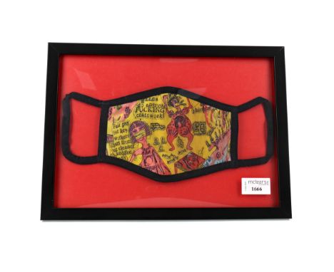 GRAYSON PERRY “WE SHALL CATCH IT ON THE BEACHES" FACE COVERING, framed and under glass, 23cm x 32cm overall