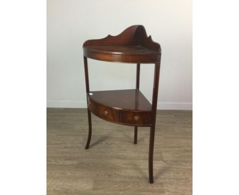 MAHOGANY CORNER WASHSTAND, bow-fronted, the lower tier fitted with a signle drawer, 57cm wide