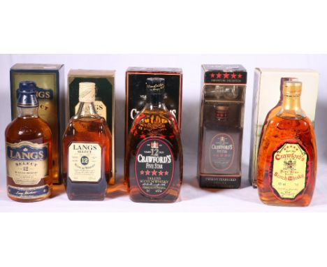 Two bottles of CRAWFORD five star blended Scotch whisky, 75cl 40% vol, 75cl 40% and 37.5cl 40% proof and two bottles of LANGS
