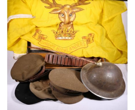 W Anderson & Son metal sporran case, leather cartridge belt, KOSB swagger stick, steel helmet, British Beret Fasque Ltd 1996 