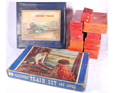 Chad Valley clockwork train set and lines, boxed, Hornby O gauge clockwork tank good set N0201 40025, 0-4-0 locomotive No 1 L