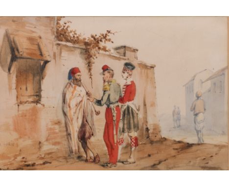 ORLANDO NORIE (1832-1901)
Soldiers and gentleman wearing fez smoking pipe
Signed, watercolour
14cm x 21cm