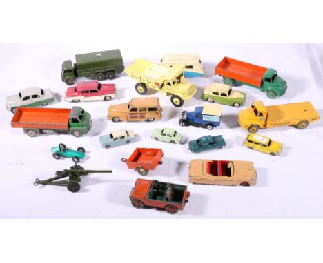 Collection of playworn Dinky Toys including:  Leyland Comet Cement lorry 419; Euclid rear dump truck 965; ten ton army truck 