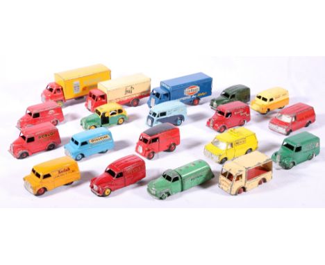 Seventeen Dinky Toys playworn commercial vehicles including:  Trojan van Dunlop 451; Trojan van Brooke Bond 455; Trojan van C