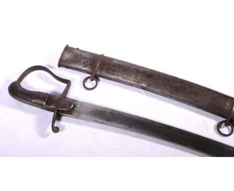 British 1796 pattern cavalry officers sword with long curving blade by Gill, steel stirrup hilt with large D shaped langets, 